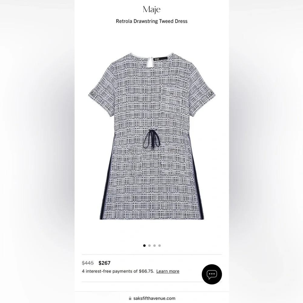 🌚💙NEW WITH TAGS💙🌚 Maje Retrola Drawstring Tweed Dress size 36 US 2/4 - Picture 3 of 11